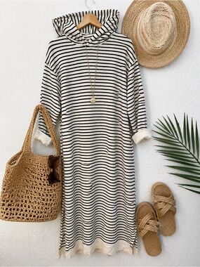 J&J Striped French Terry Hoodie Midi Dress Medium Black Cream Beach Coverup Pool